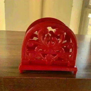 Vintage Cast Iron Red Napkin Holder..Scroll Design